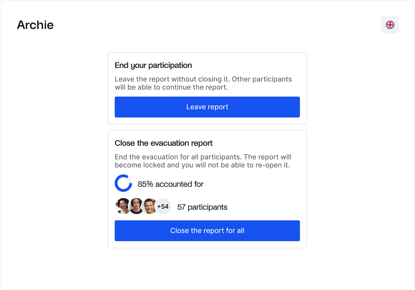 Archie software interface showing options to end participation or close the evacuation report.