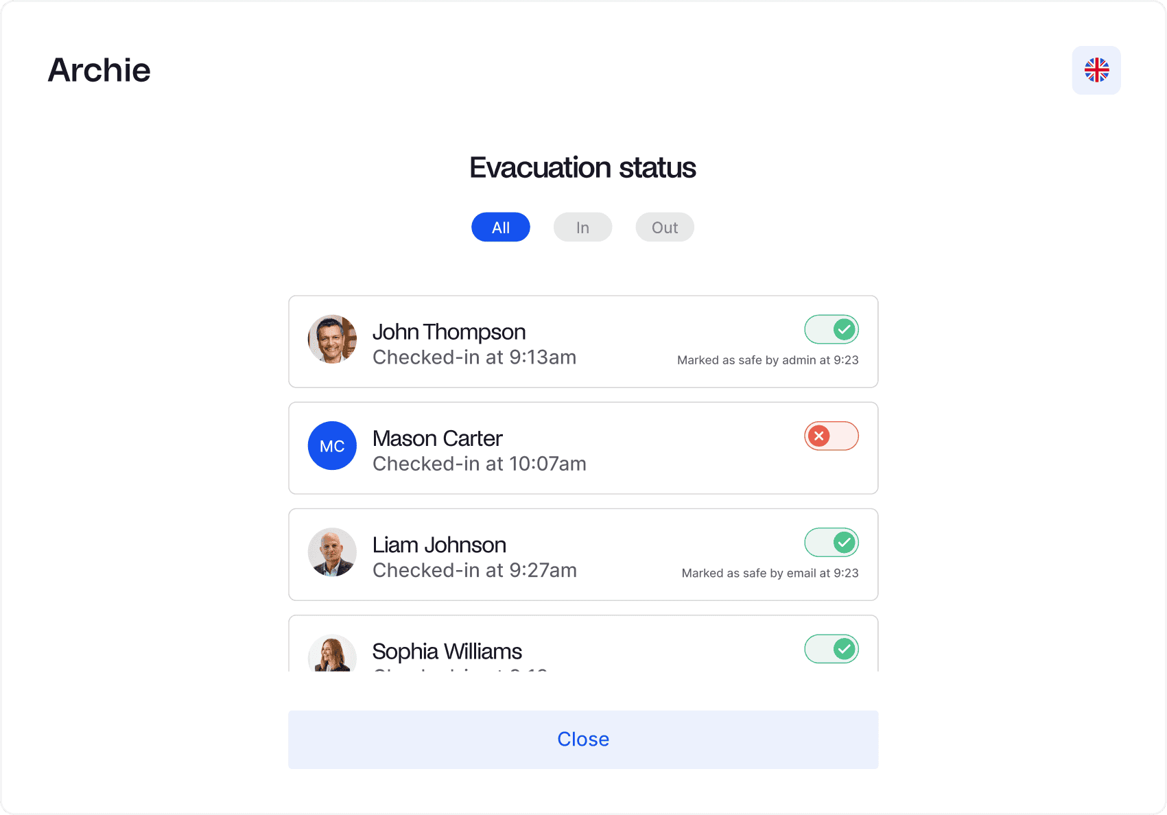 Archie software interface displaying evacuation status with check-in times and safety status of individuals.