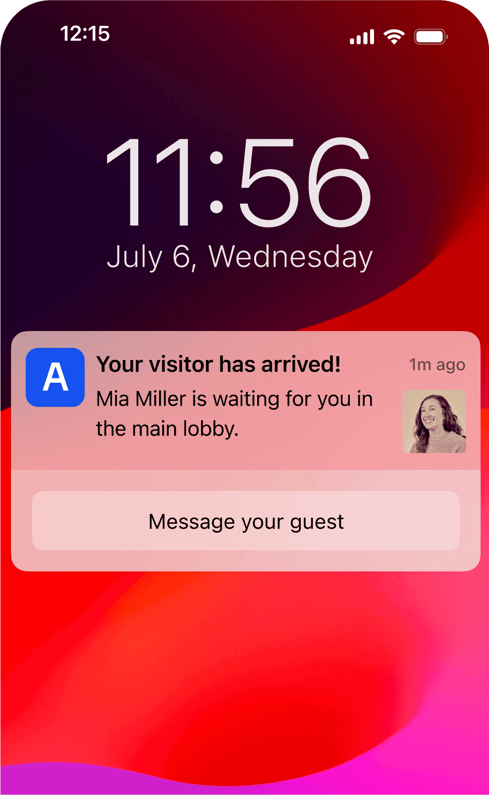 Mobile phone notification showing a visitor arrival alert with an option to message the guest.