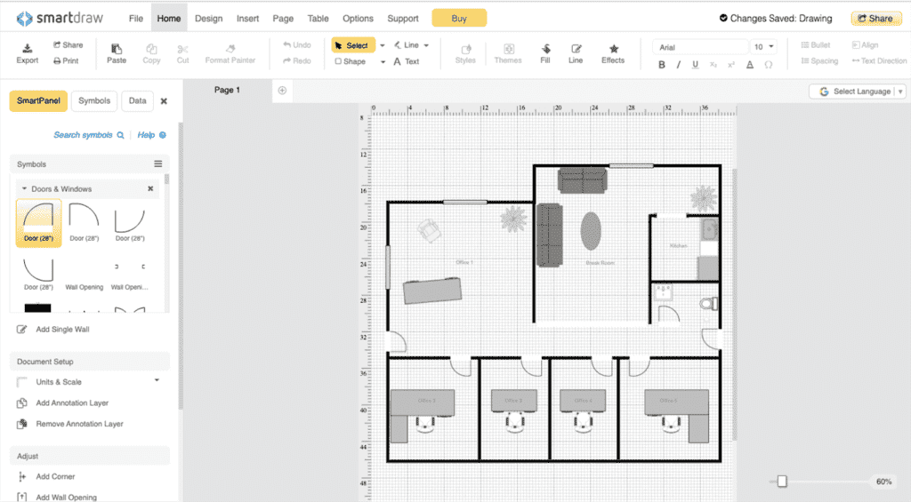 Creating a coworking space floor play layout with tools like SmartDraw.