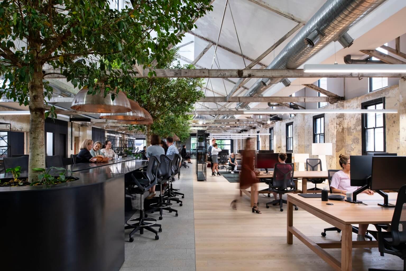 People sharing a desk area in a coworking space.