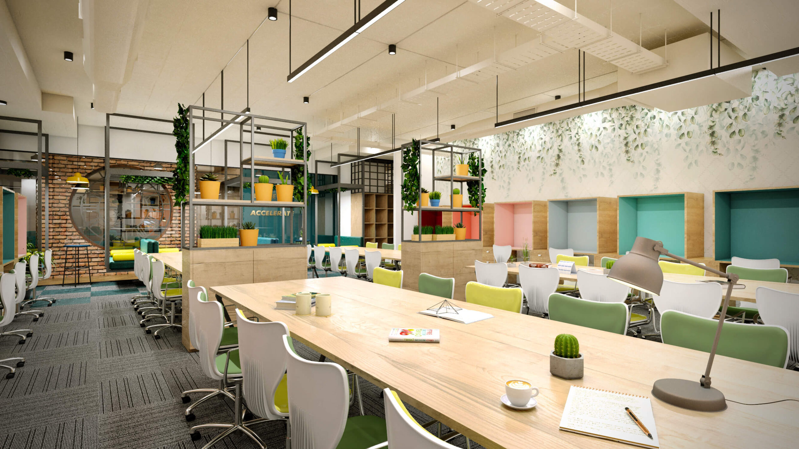A colorful coworking space with long wooden desks, white chairs, potted plants, and cozy wall nooks for focused work.
