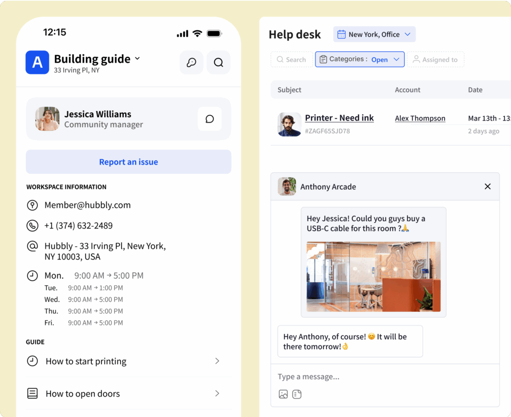 Coworking member app with building guides and help desk features.