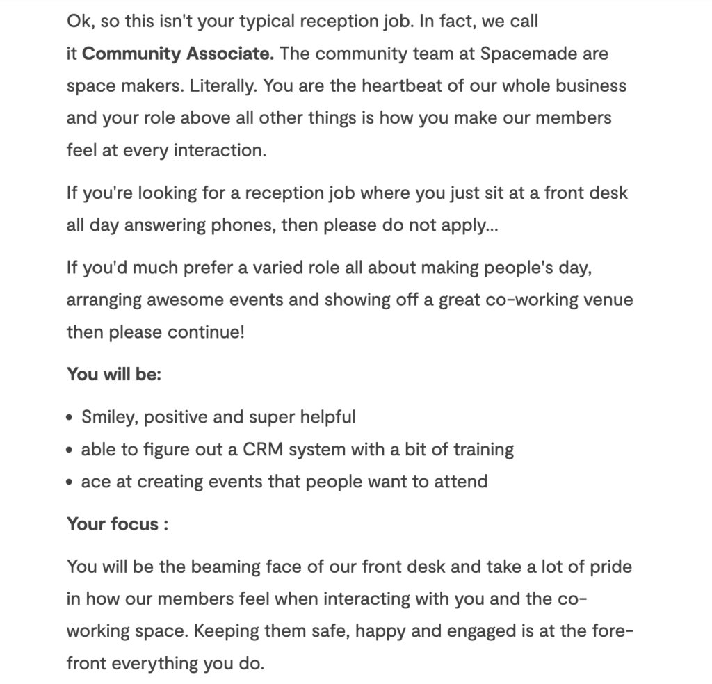 Community manager job description example from Spacemade.