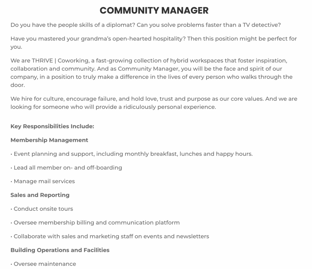 Community manager job description examples from THRIVE.