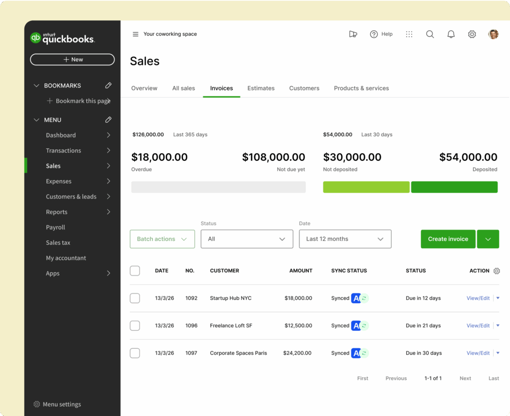 QuickBooks dashboard showing coworking space invoices, payment statuses, and totals for overdue, not due yet, and deposited amounts - all synced with Archie.