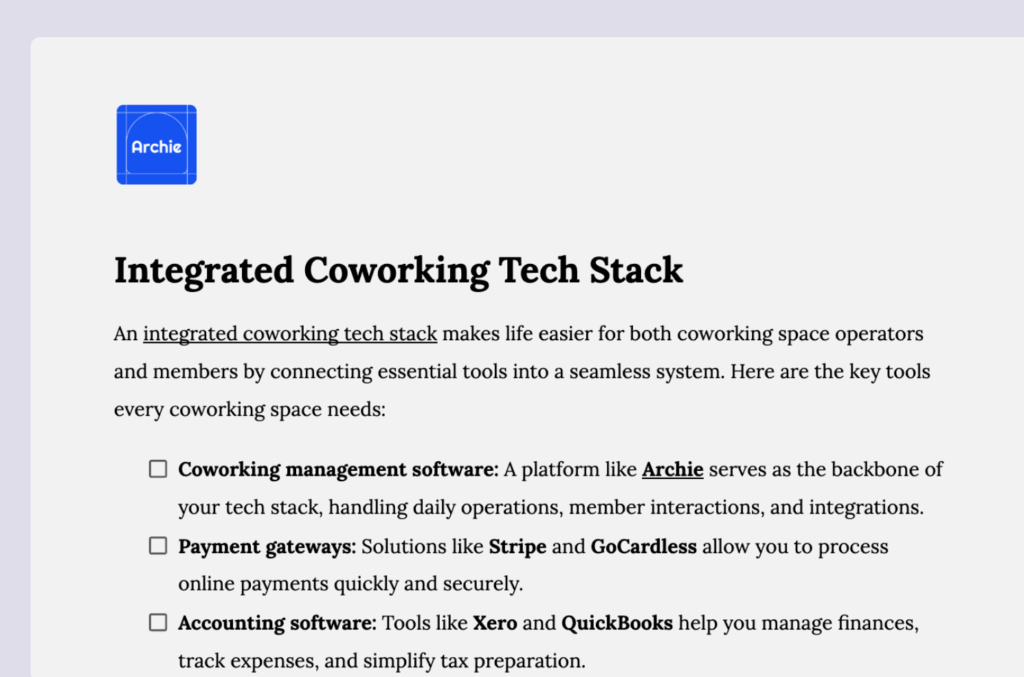Integrated coworking tech stack checklist.