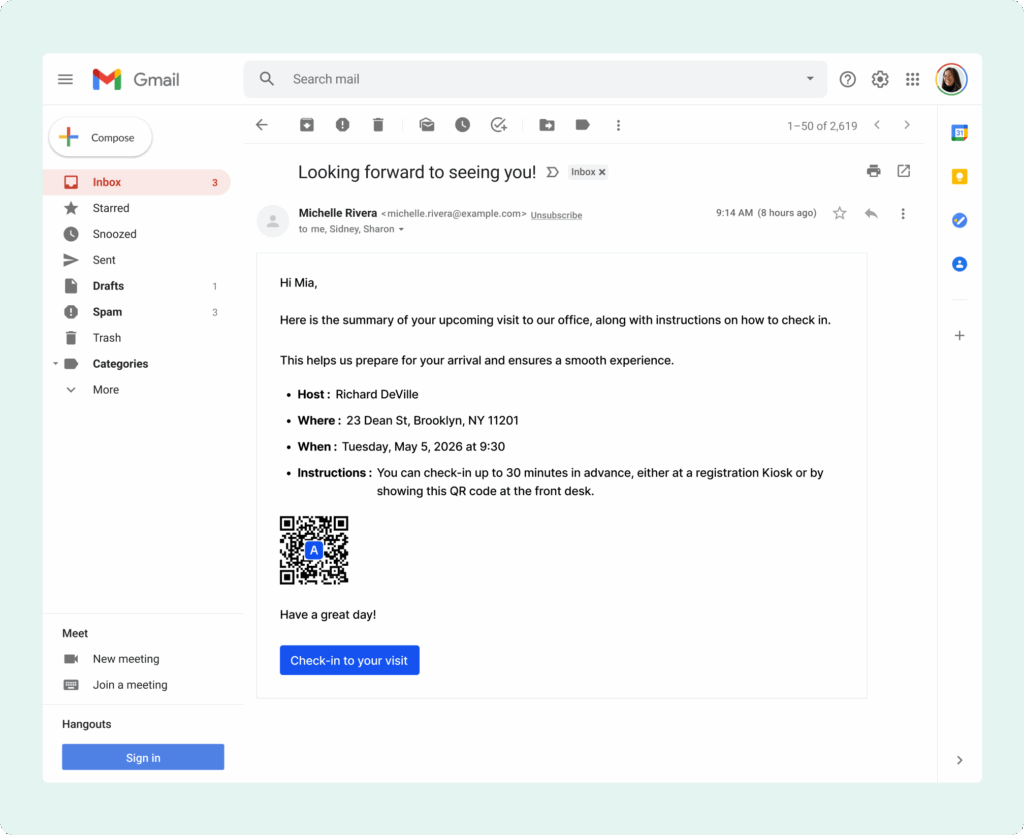 Pre-registration email example sent with Archie.