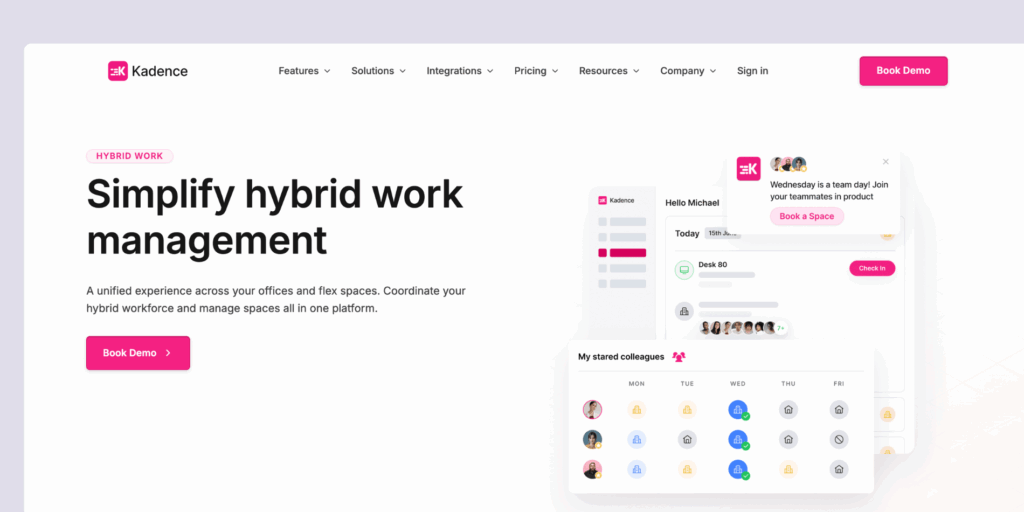 Kadence - hybrid workplace management software example.