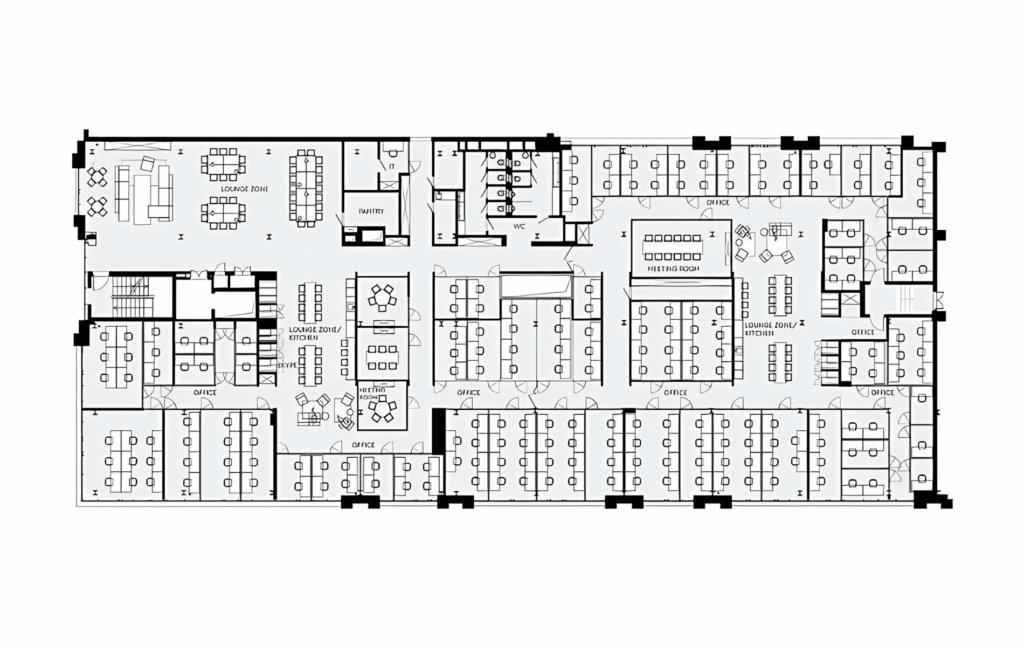 A detailed floor plan of a large coworking space with multiple offices, desks, meeting rooms, lounges, and amenities.