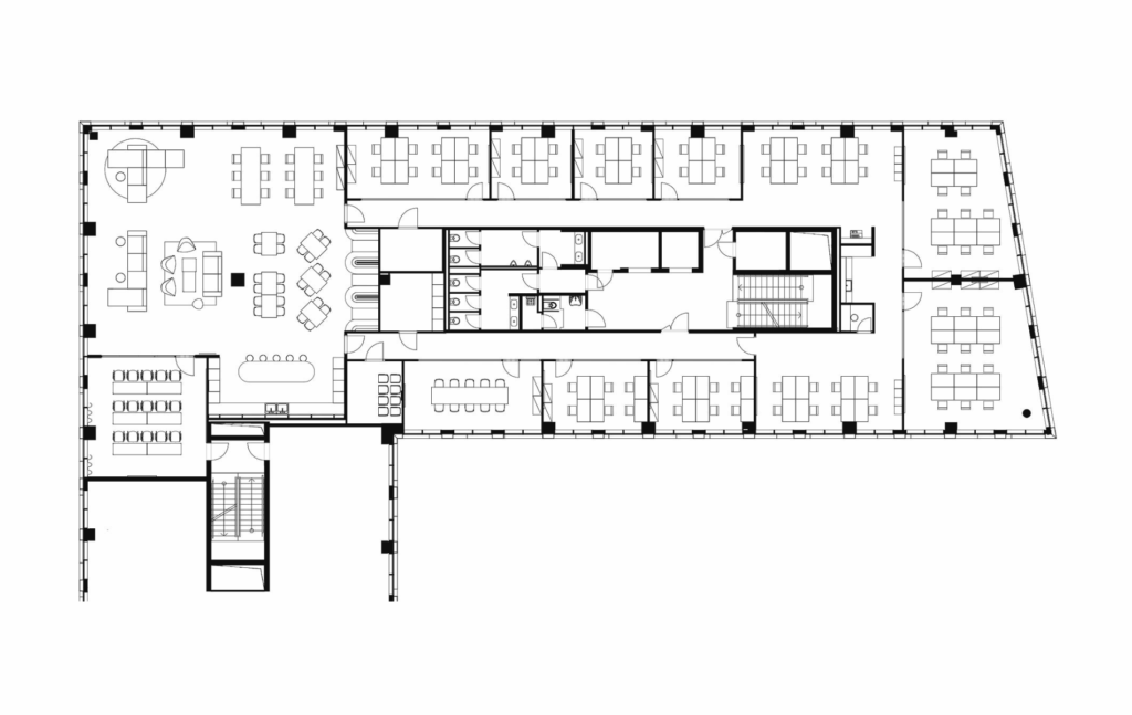 A medium-sized coworking layout showing shared desks, private offices, meeting rooms, and a lounge area.