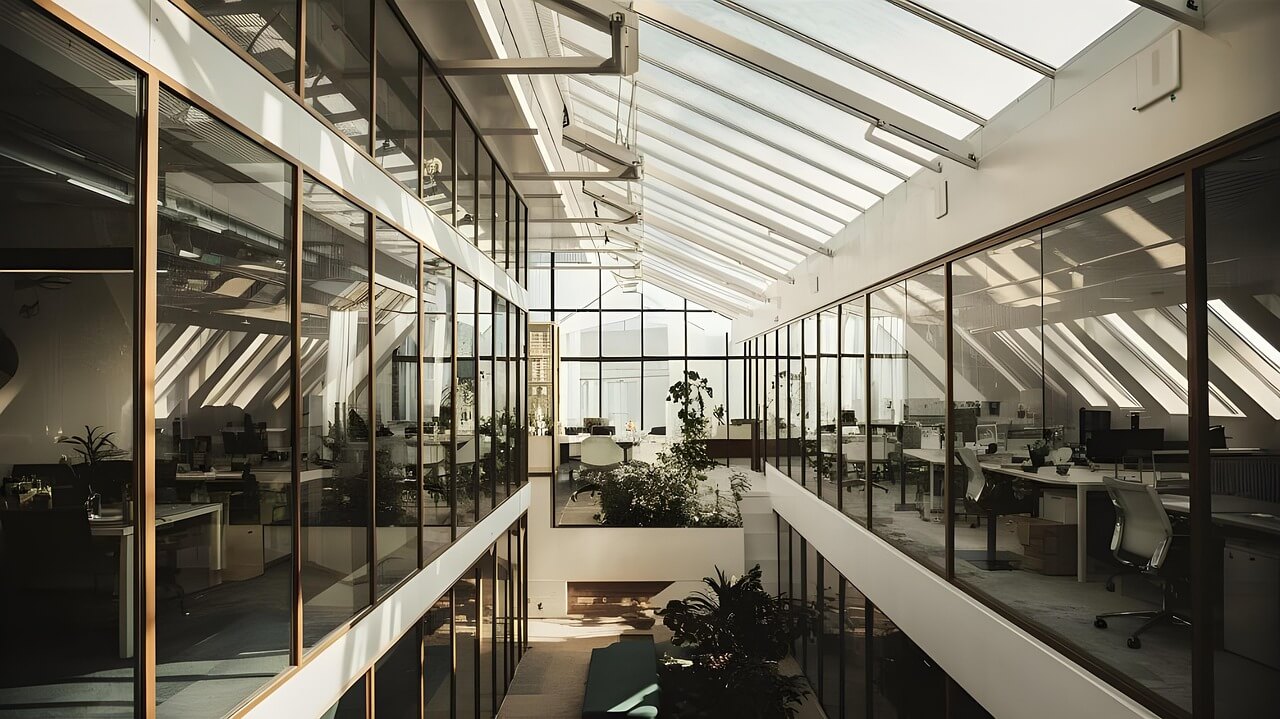 Bright, modern office space with glass-walled rooms, white desks, and natural light streaming in from a large skylight ceiling.