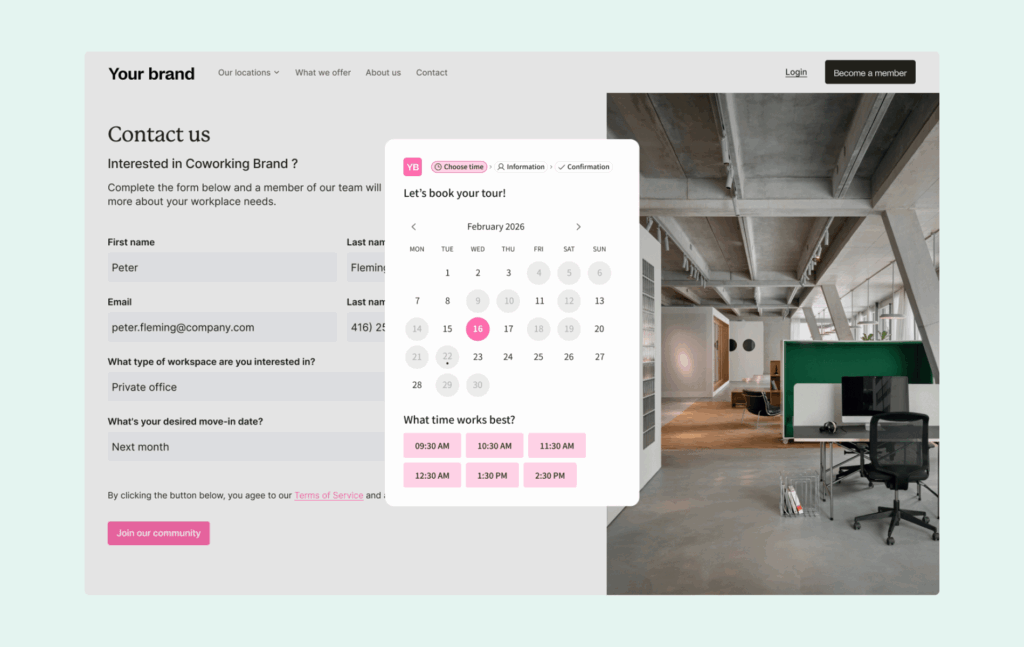 A coworking space contact form with a calendar pop-up to book a tour by selecting a date and time.