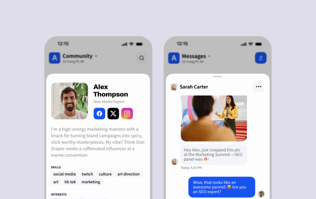 Archie coworking mobile app screens showing a coworking member profile with skills and interests, and a chat conversation between two members.