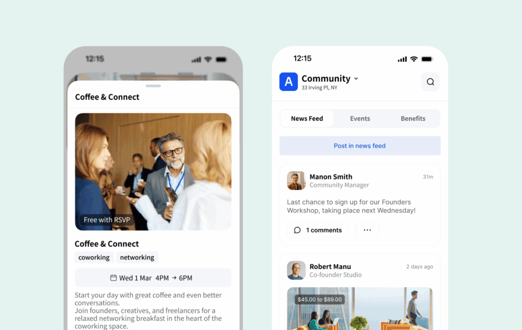 Archie coworking mobile app screen showing a coworking community feed with event details, news posts, and member updates.
