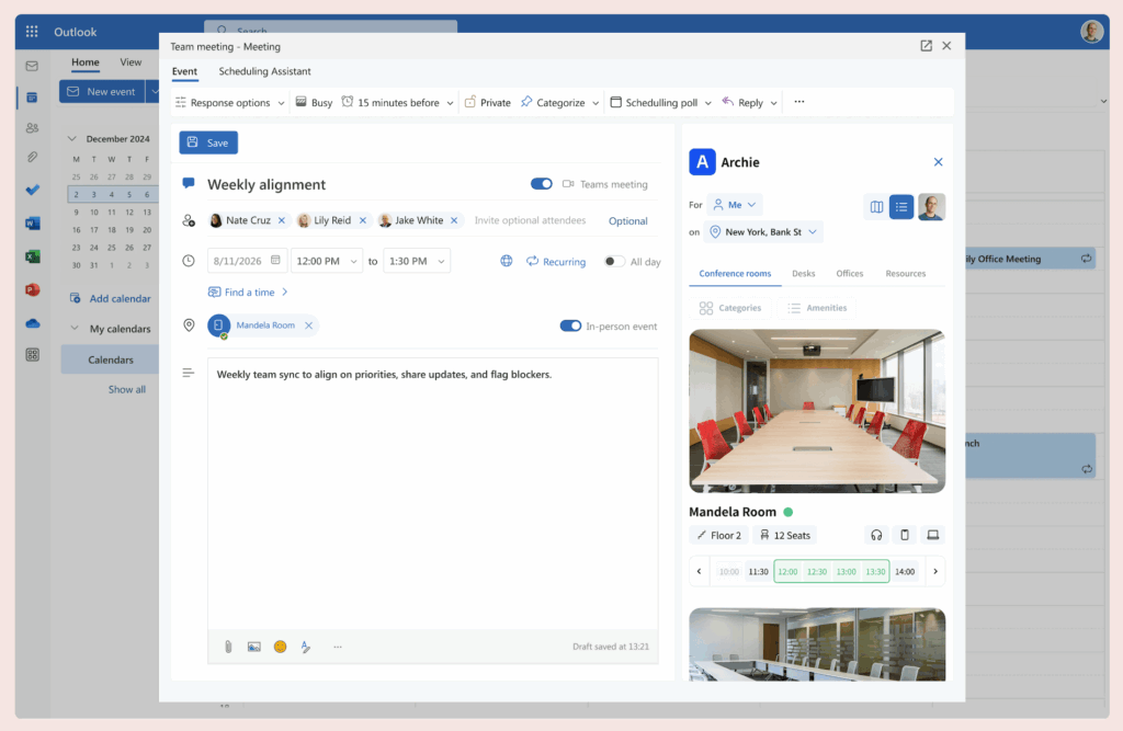A screenshot of a meeting being scheduled in Outlook with Archie’s integration, showing room booking details and a photo of the selected conference room.