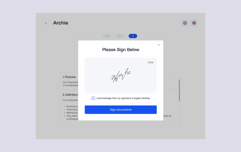 A digital signature screen asking the user to sign a document electronically and confirm it is legally binding.