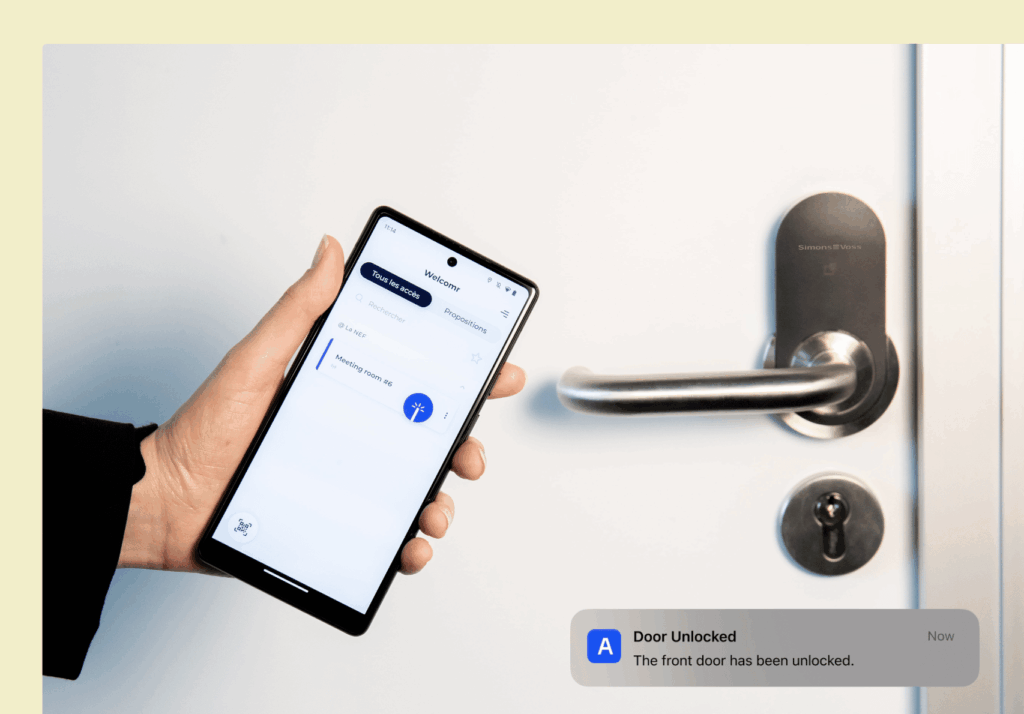 A person uses a smartphone app to unlock a door with the Welcomr's smart lock, and a notification confirms the door has been unlocked.
