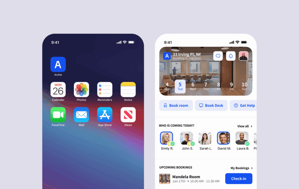 Archie Coworking mobile app interface showing a coworking space booking app with options to book rooms or desks, view team members, and manage upcoming bookings.