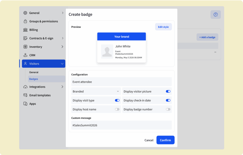 A visitor badge creation screen from Archie shows options to customize and preview a printed badge, including name, visit type, photo, and check-in date.