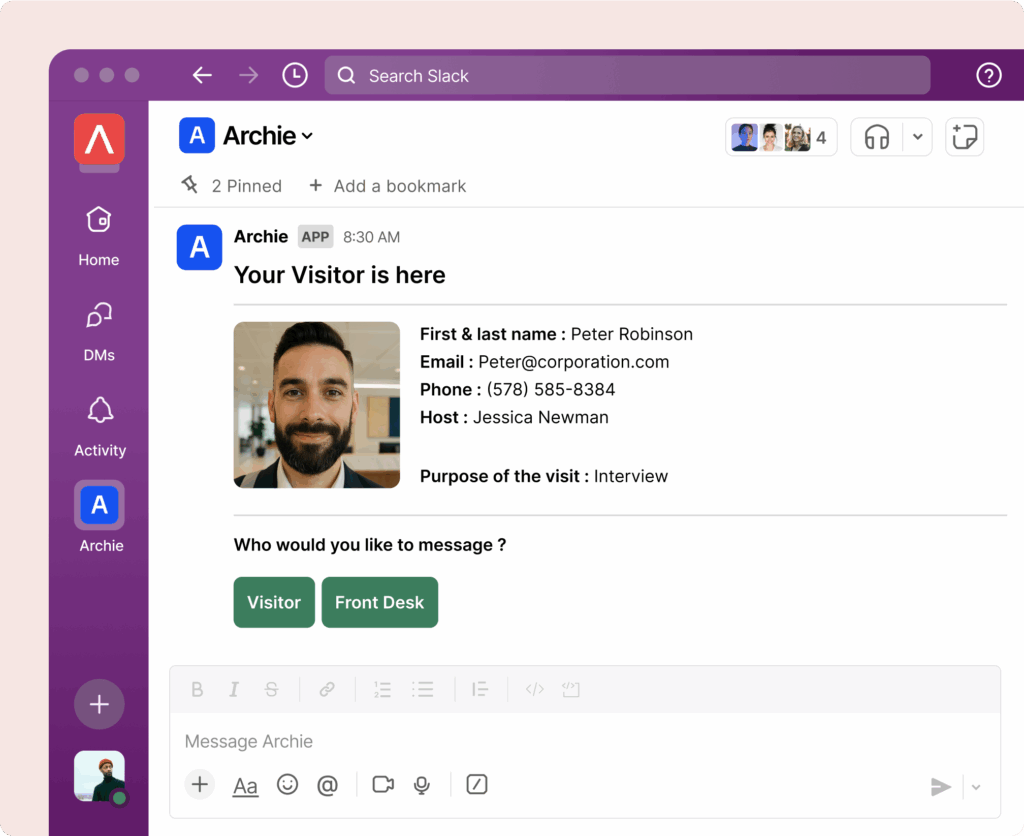 Archie Visitors - Slack notification example.