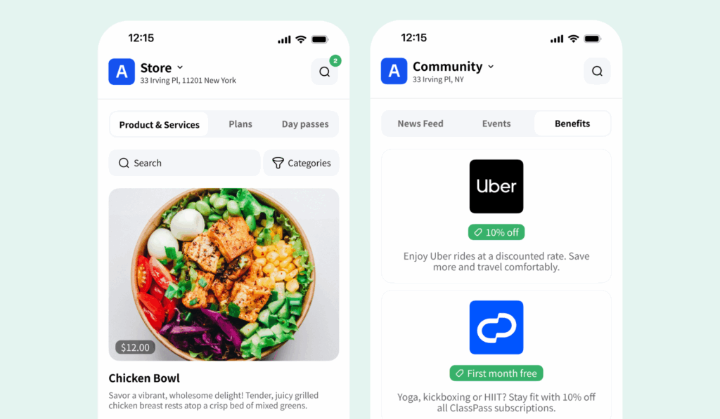 Mobile app interface showing coworking space services like food, plans, and member benefits that can be purchased via Archie.