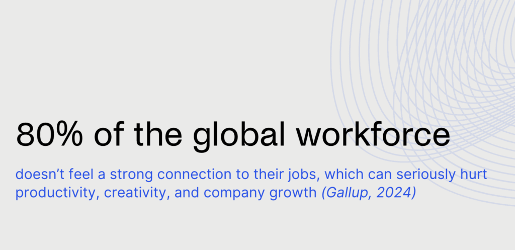 Text graphic stating that 80% of the global workforce doesn’t feel a strong connection to their jobs, which can negatively impact productivity, creativity, and company growth.