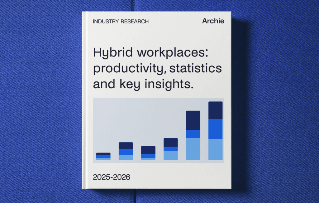 An ebook from Archie titled "Hybrid workplaces: productivity, statistics and key insights" placed on a blue textured surface.