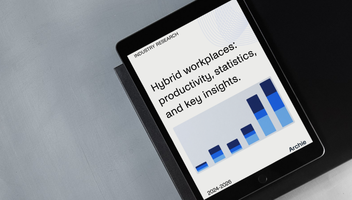 Tablet displaying the cover of an ebook titled "Hybrid workplaces: productivity, statistics, and key insights" by Archie.