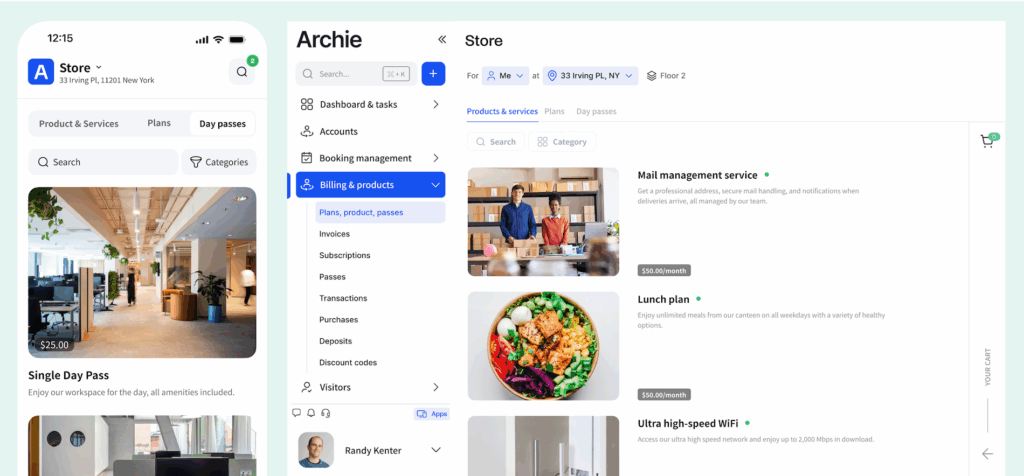 Archie dashboard showing products like lunch plans, mail services, and coworking day passes.