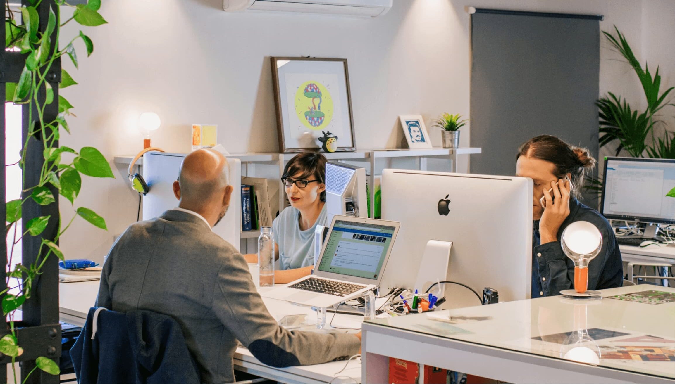 Three coworkers collaborating in a bright, plant-filled modern office, with laptops and desktop computers on shared desks.