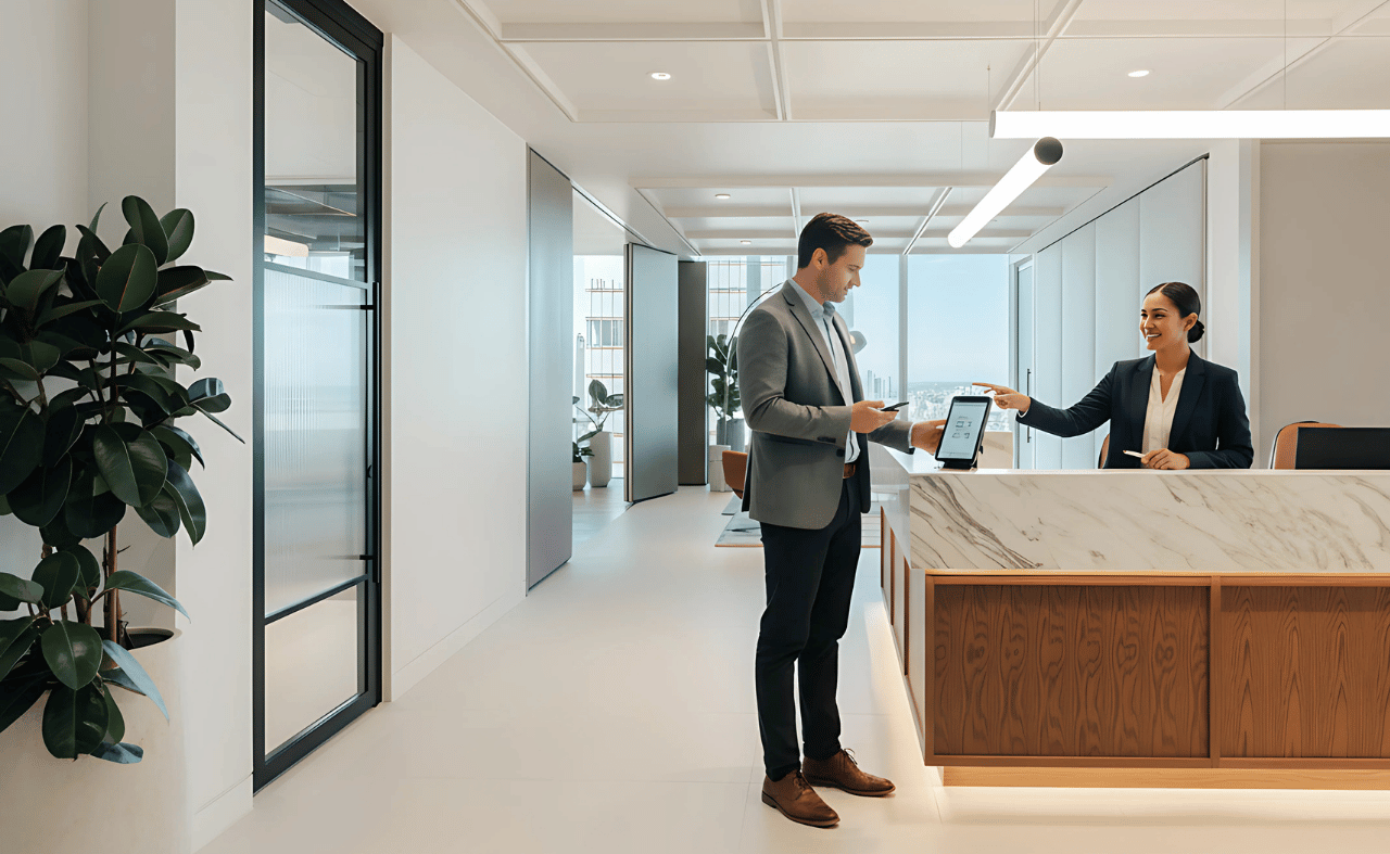 Man checking in at a modern office reception desk using a tablet, assisted by a smiling receptionist.