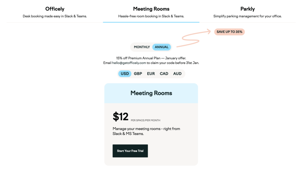 Officely - meeting room booking pricing.