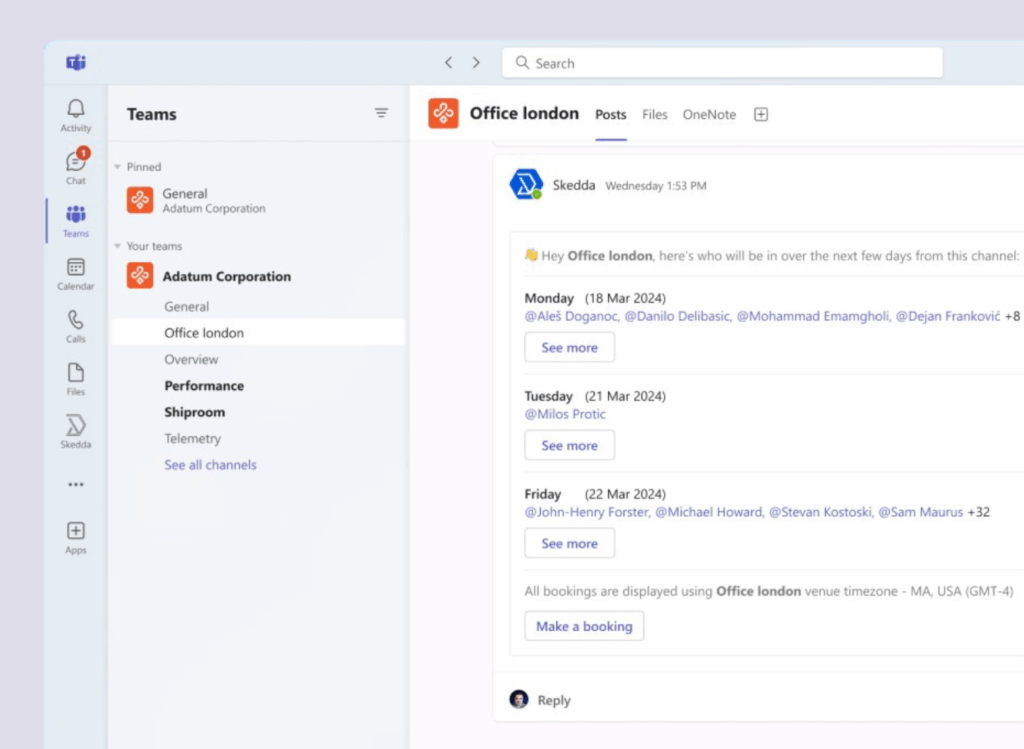 Skedda Microsoft Teams UI.