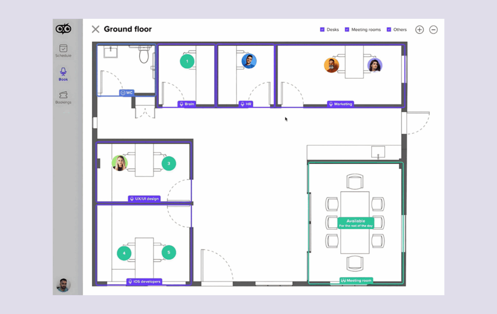 Deskbird booking features - interactive floor plans.