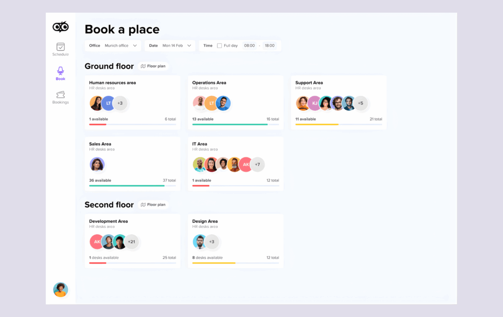 Deskbird booking features - team view.