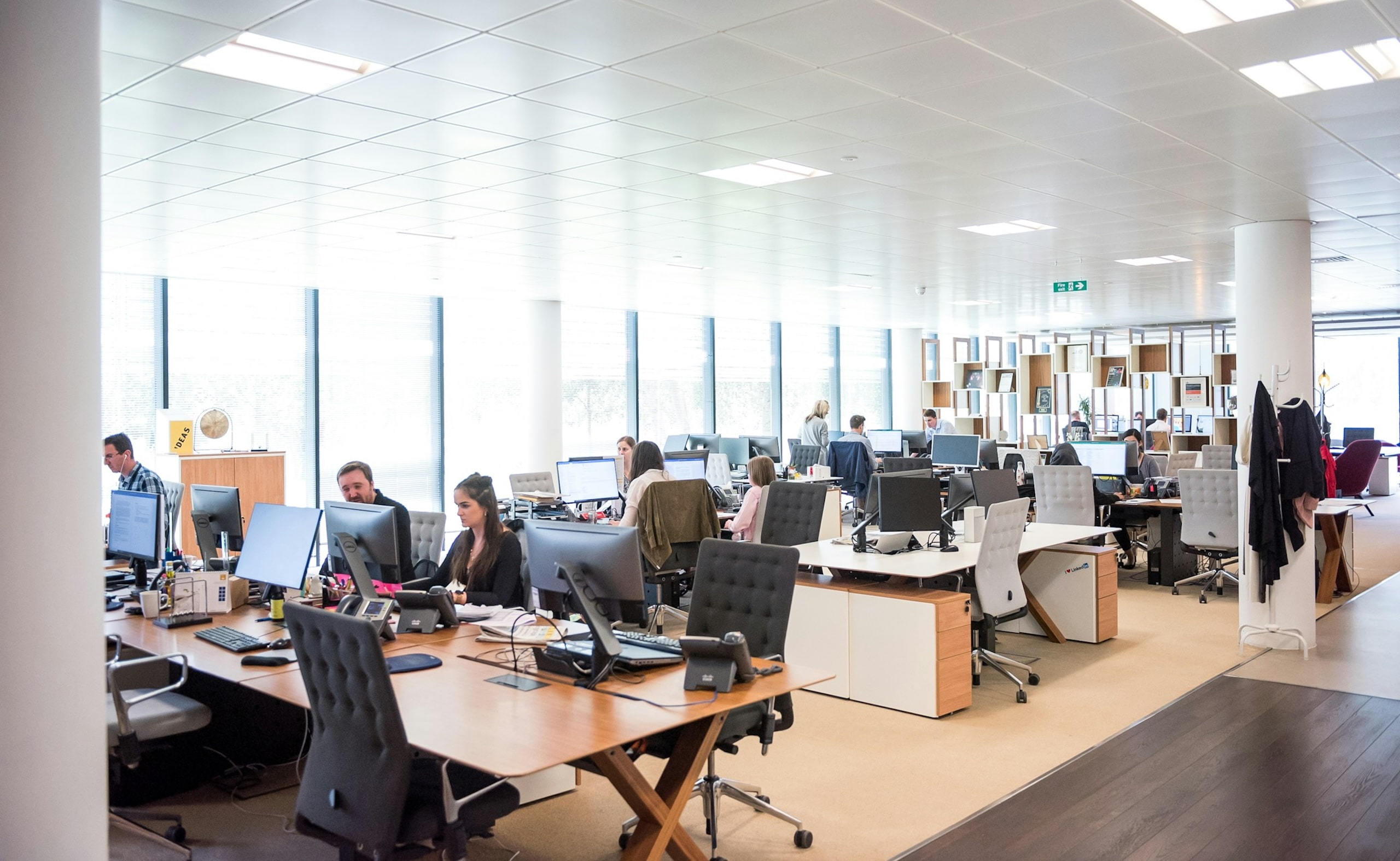 Modern open-plan office with employees working at desks and computer monitors.
