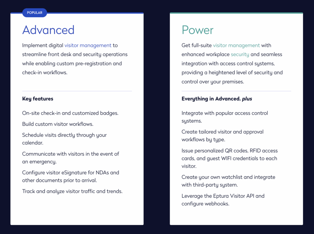 Eptura Visitor pricing plans.