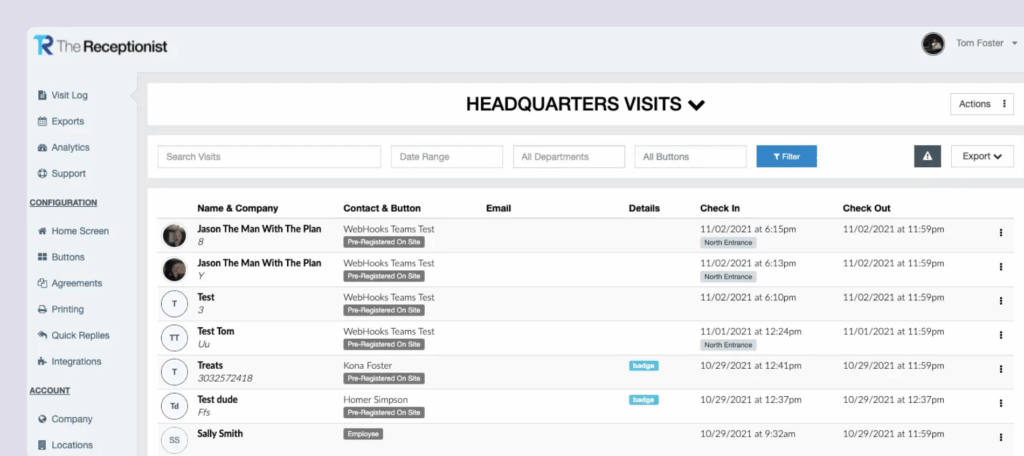 The Receptionist - Visitor logs.