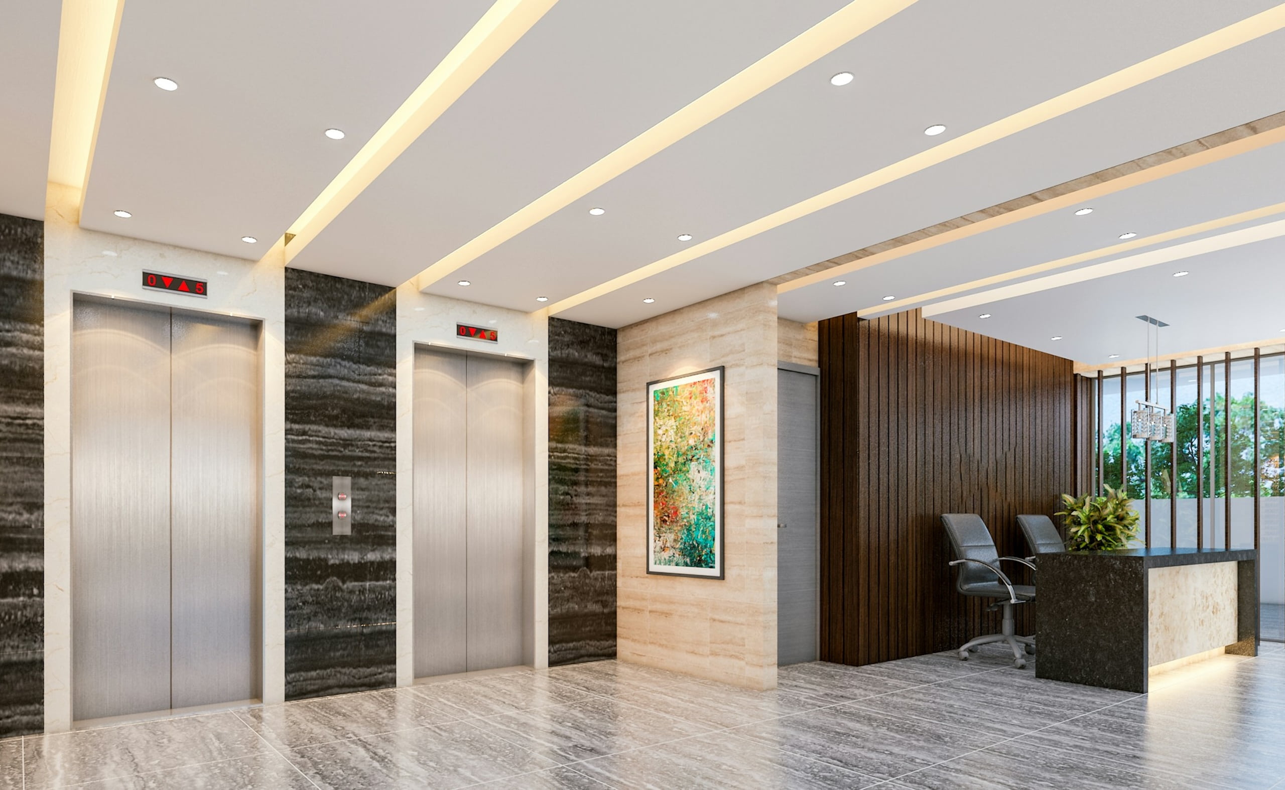 Modern lobby with two elevators, a small reception desk, artwork, and marble flooring.