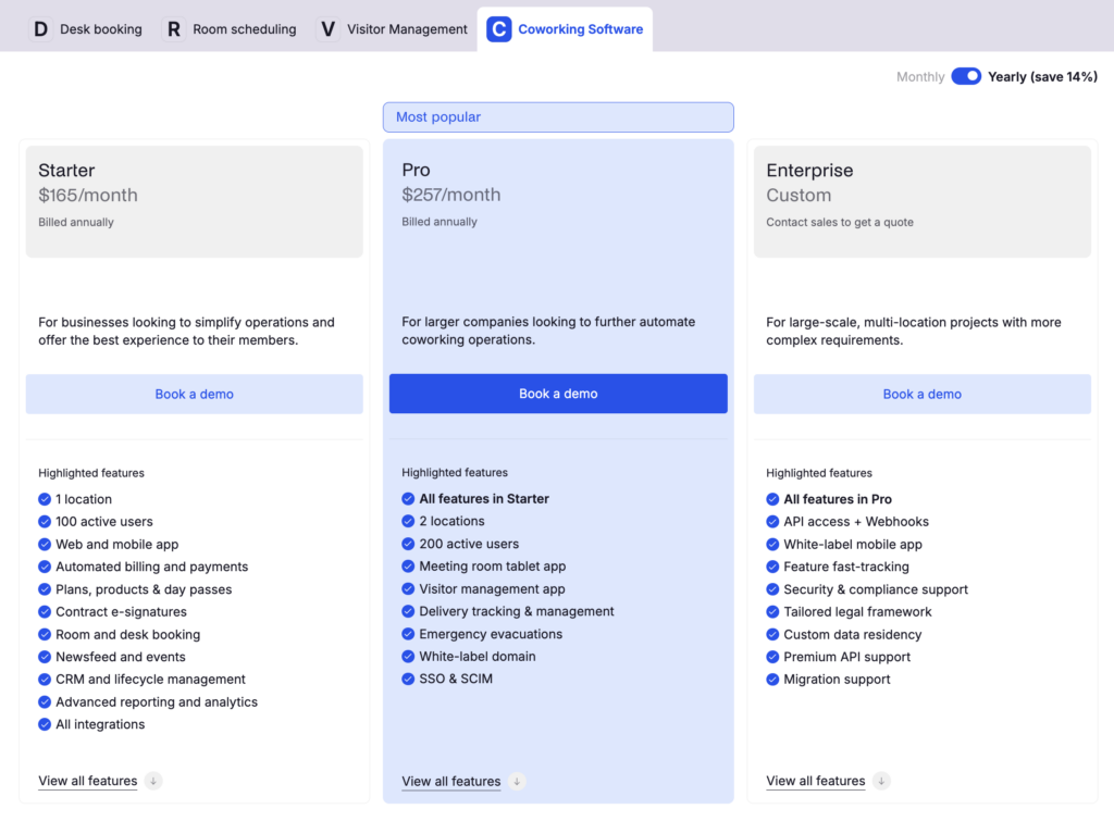 Archie coworking software pricing.