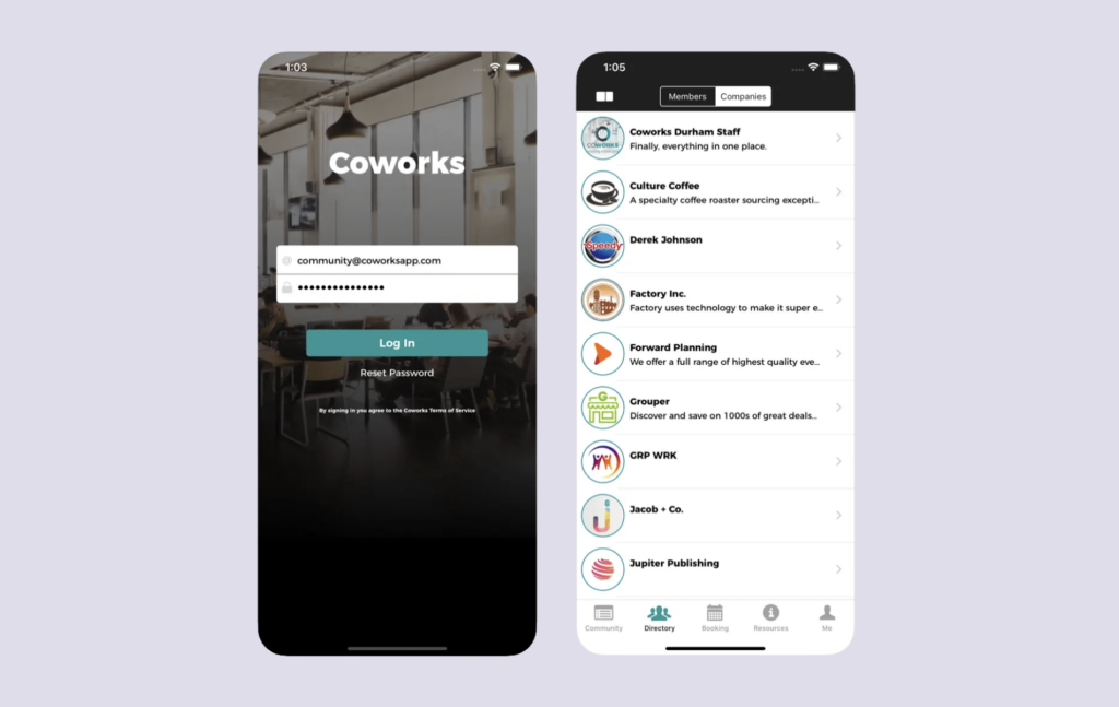 Coworks mobile app UI.