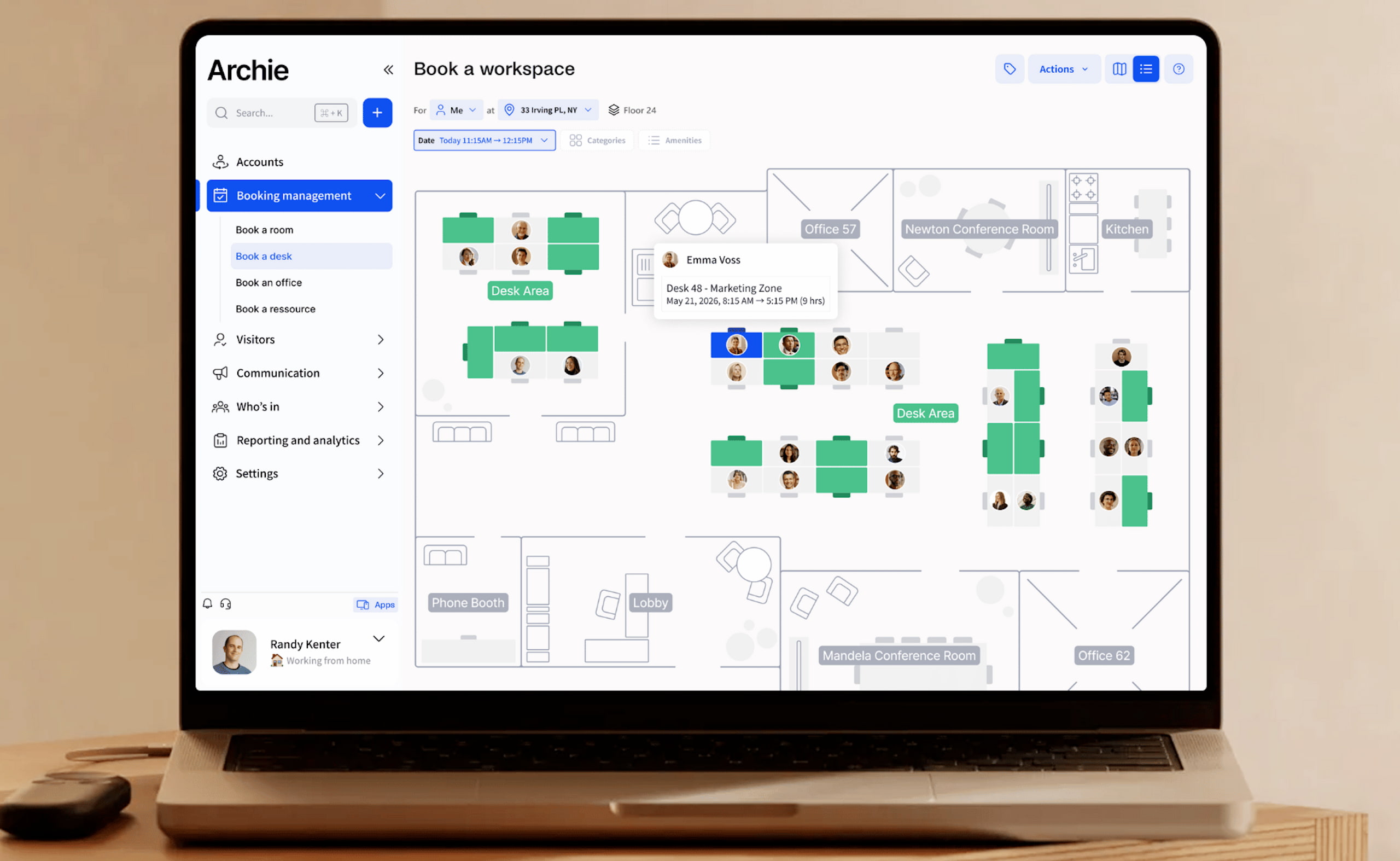 Archie hybrid office software dashboard with interactive floor plan and desk booking interface.
