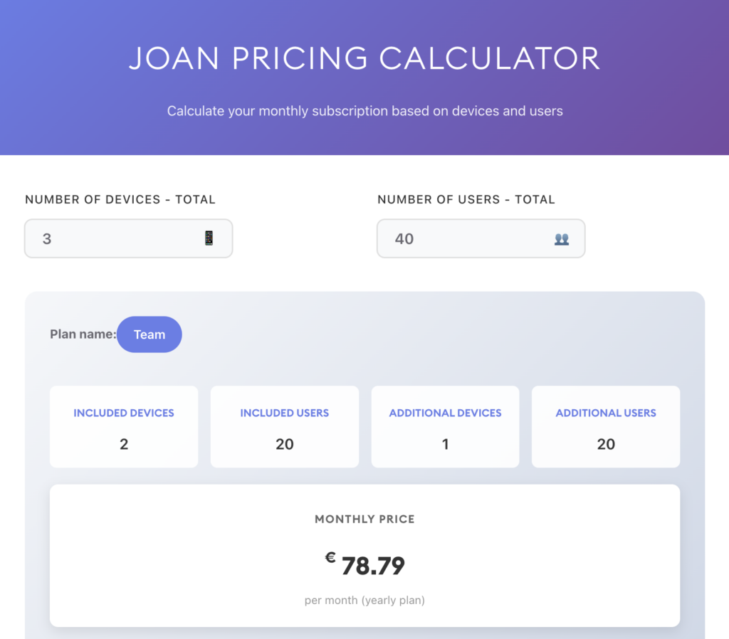 Joan pricing calculator.