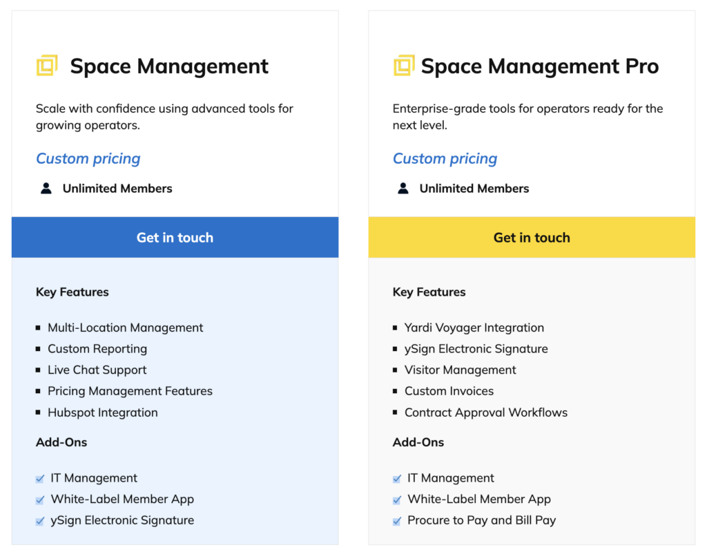Yardi Kube - coworking pricing plans.