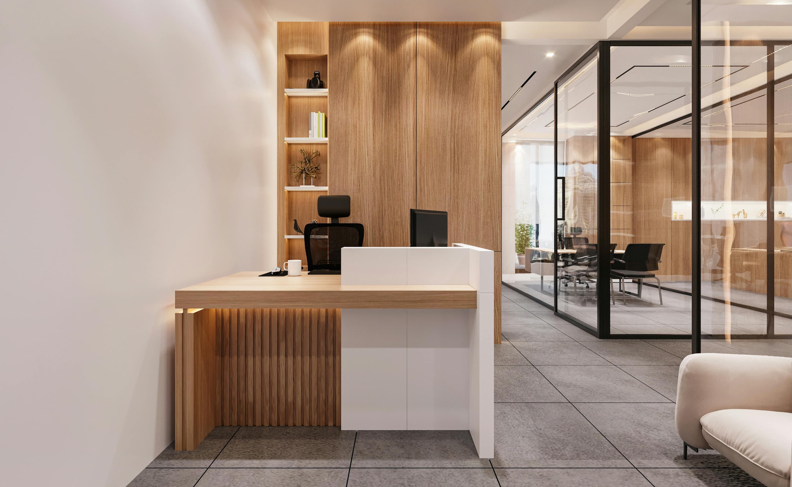 Modern office reception desk with wood paneling, glass meeting rooms, and minimalist seating.