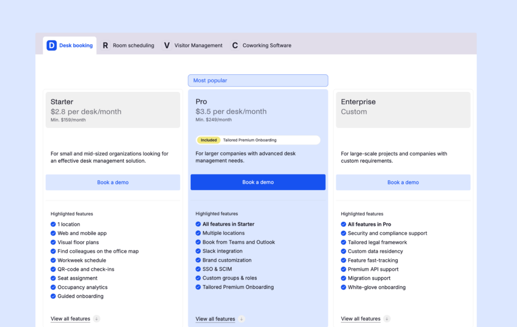 Archie - desk booking pricing plans.
