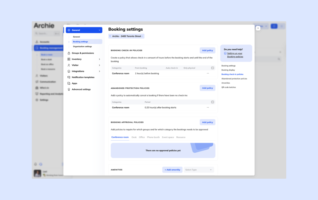 Archie meeting room booking settings