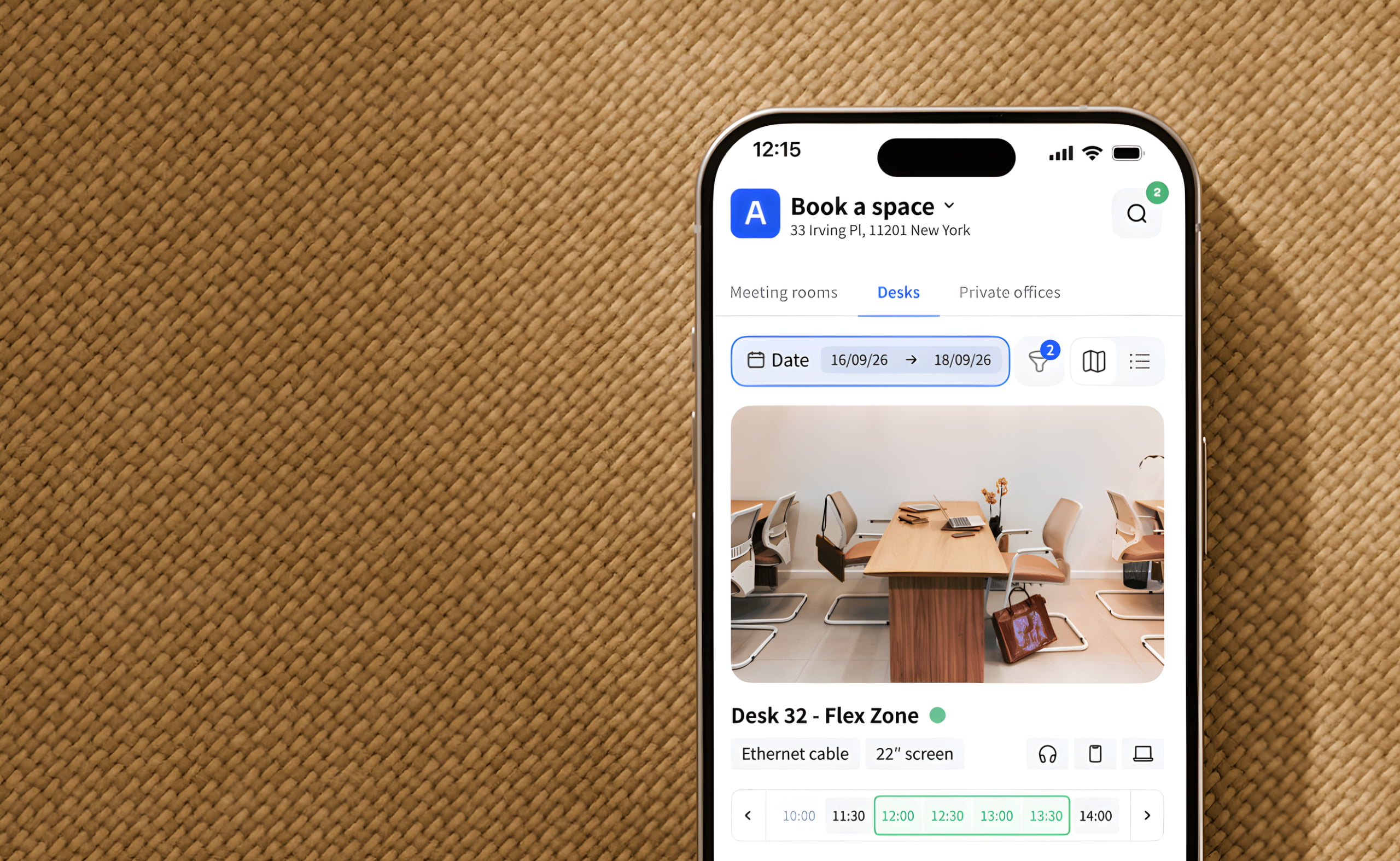 Archie coworking software mobile app showing desk booking interface with workspace availability and time slots.