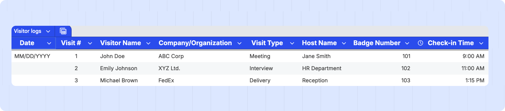 Visitor log template mockup.
